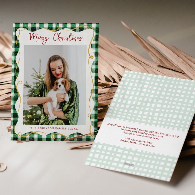 Green Gold Gingham Pattern Merry Christmas 1 Photo Holiday Card (Creator Uploaded)