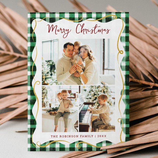Green Gold Gingham Pattern Merry Christmas 3 Photo Holiday Card (Creator Uploaded)