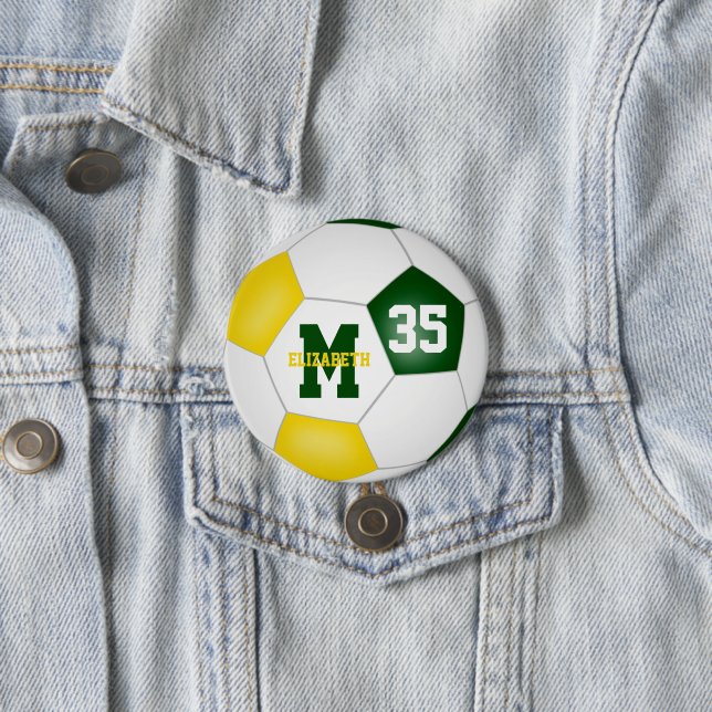 green gold girls boys soccer team colours 7.5 cm round badge (In Situ)