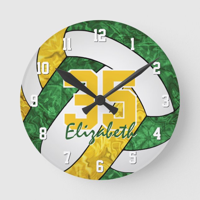 Green gold girly team colours volleyball room round clock (Front)