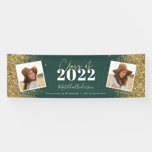 green gold glitter 2 photo class of graduation banner (Horizontal)