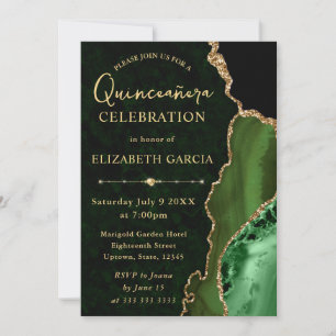 Green & Gold Glitter Agate and marble Quinceanera Invitation