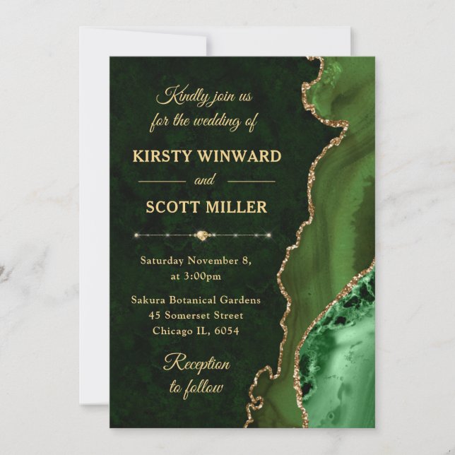 Green & Gold Glitter Agate and marble Wedding Invitation (Front)