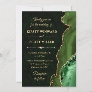 Green & Gold Glitter Agate and marble Wedding Invitation