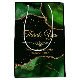 Green & Gold Glitter Agate Birthday Thank You Medium Gift Bag