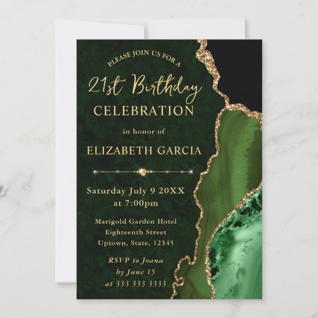 Green & Gold Glitter Agate marble 21st Birthday Invitation (Front)