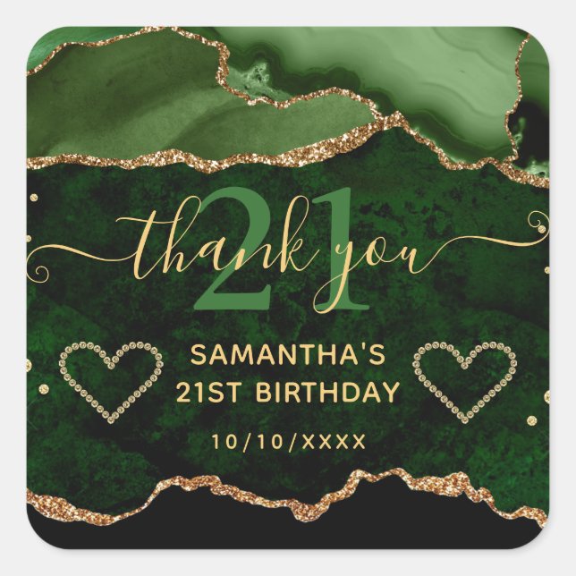 Green & Gold Glitter Agate Marble 21st Birthday Square Sticker (Front)