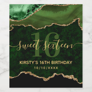 Green & Gold Glitter Agate Marble Sweet Sixteen Wine Label