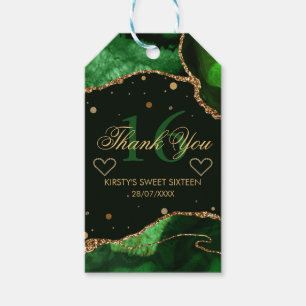 Green & Gold Glitter Agate Sweet 16 Thank You Gift Tags
