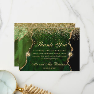 Green Gold Glitter Agate Wedding Thank You Card
