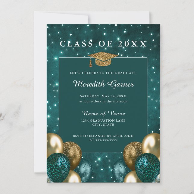 Green Gold Glitter Balloons Graduation Invitation (Front)