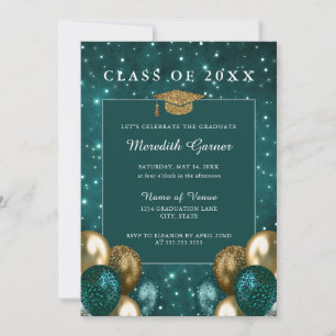 Green Gold Glitter Balloons Graduation Invitation