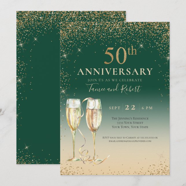 Green Gold Glitter Champagne 50th Anniversary Invitation (Front/Back)
