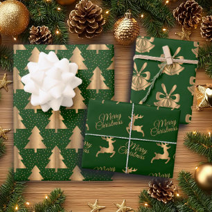 Green Gold Glitter Christmas Bells and Reindeers Wrapping Paper Sheet