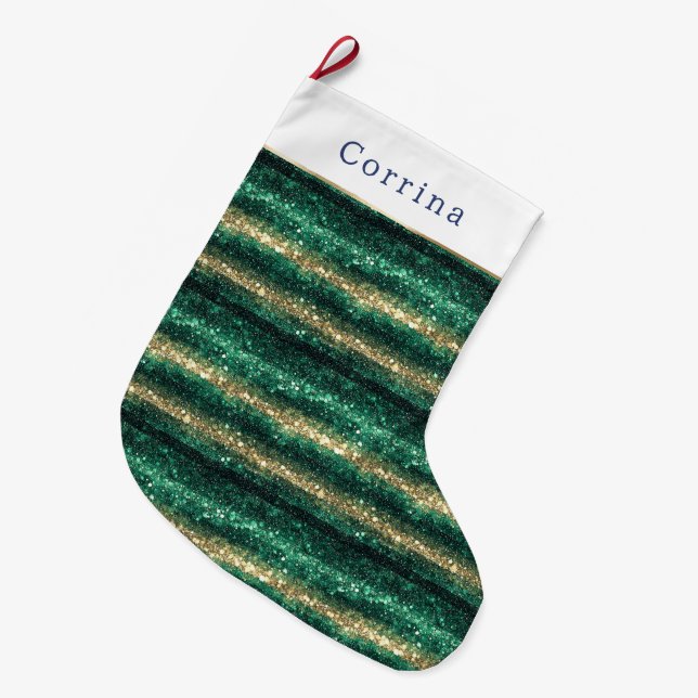 Green Gold Glitter Christmas Large Christmas Stocking (Front (Hanging))