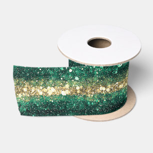 Green Gold Glitter Christmas Satin Ribbon
