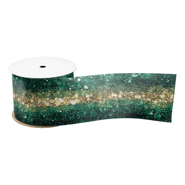 Green Gold Glitter Christmas Satin Ribbon (Spool)