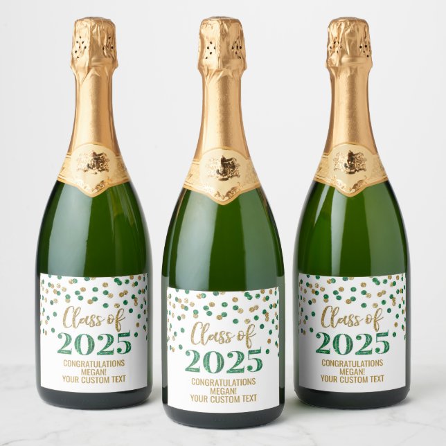 Green Gold Glitter Class of 2025 Graduation Sparkling Wine Label (Bottles)