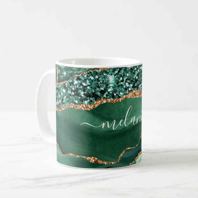 Green Gold Glitter Coffee Mug Personalised Name (Front Left)