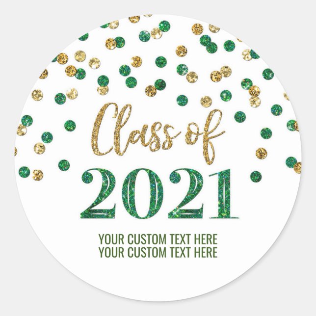Green Gold Glitter Confetti Graduation 2021 Classic Round Sticker (Front)