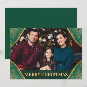 Green & Gold Glitter Corner Family Photo Christmas Holiday Card