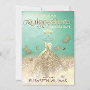 Green Gold glitter dress butterfly Quinceañera In Invitation