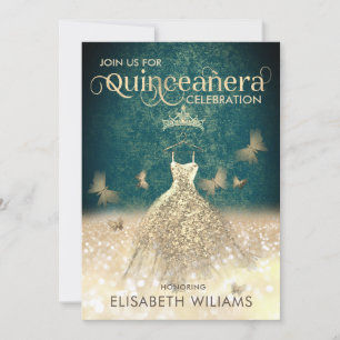 Green Gold glitter dress butterfly Quinceañera In Invitation