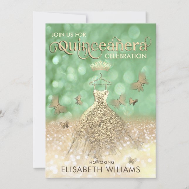 Green Gold glitter dress butterfly  Quinceañera Invitation (Front)
