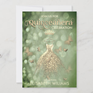 Green Gold glitter dress butterfly  Quinceañera  Invitation