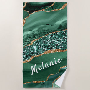 Green Gold Glitter Emerald Custom Name Beach Towel