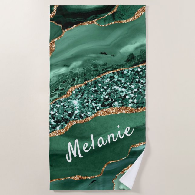 Green Gold Glitter Emerald Custom Name Beach Towel (Front)