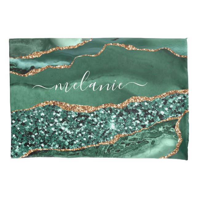 Green Gold Glitter Emerald Custom Name Pillow Case (Front)