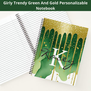 Green Gold Glitter Girly Monogram Name Notebook