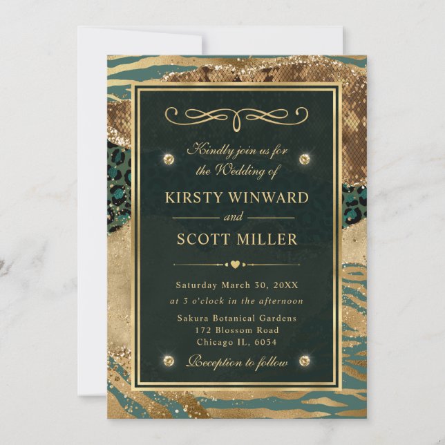 Green Gold Glitter Jungle Agate Wedding Invitation (Front)