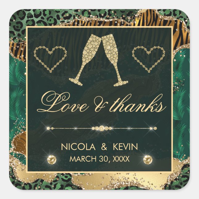 Green Gold Glitter Jungle Agate Wedding Square Sticker (Front)