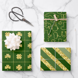GREEN & GOLD GLITTER LOOK IRISH SHAMROCKS WRAPPING PAPER SHEET