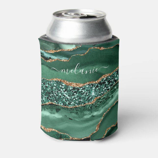 Green Gold Glitter Marble Can Cooler Custom Name (Can Back)