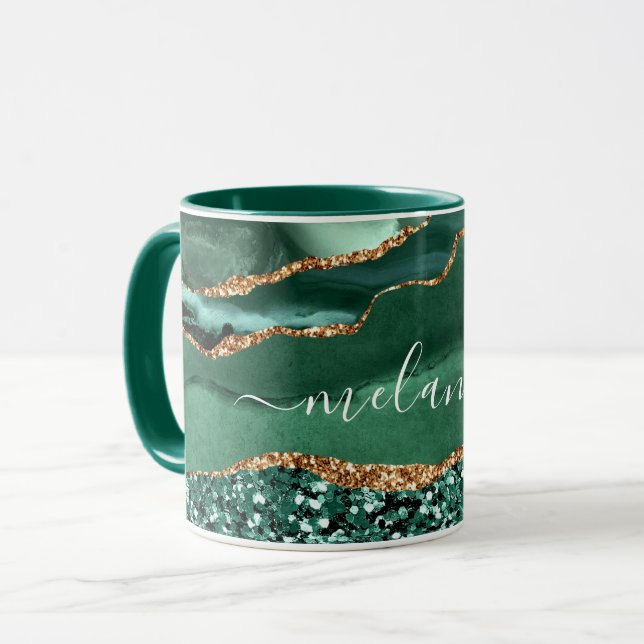 Green Gold Glitter Marble Custom Name Mug (Front Left)