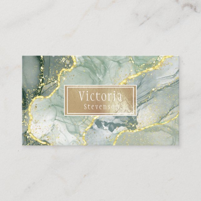 Green Gold Glitter Marble Geode Name Agate Business Card (Front)