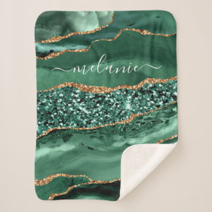 Green Gold Glitter Marble Your Name Sherpa Blanket