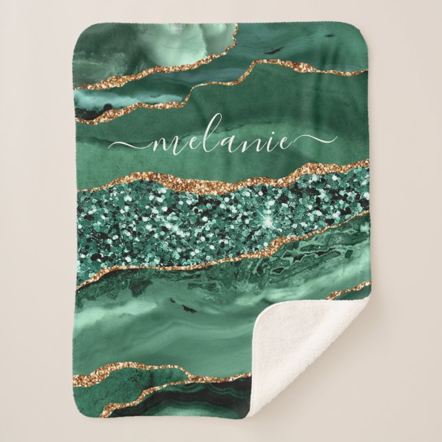 Green Gold Glitter Marble Your Name Sherpa Blanket (Front)