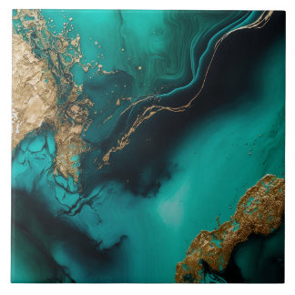 Green Gold Glitter Marbled Agate Ceramic Tile