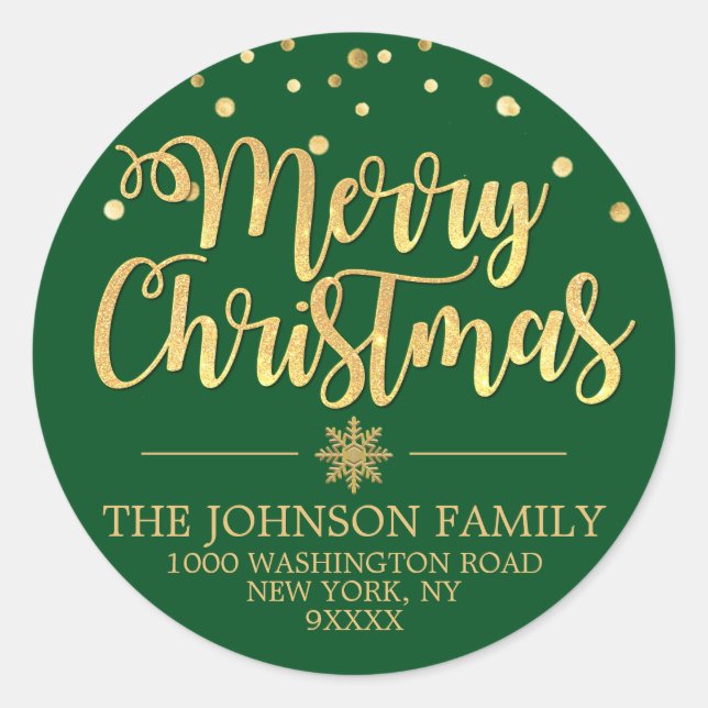 Green Gold Glitter Merry Christmas Address Classic Round Sticker (Front)
