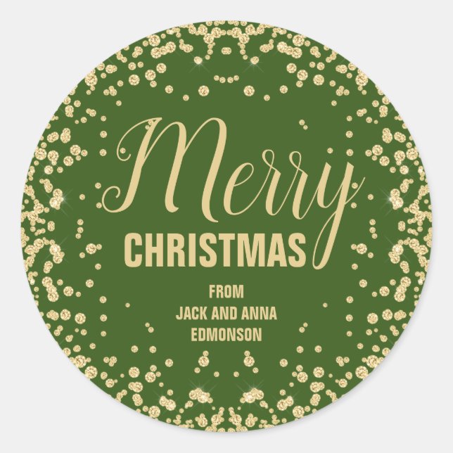 Green Gold Glitter Merry Christmas Classic Round Sticker (Front)