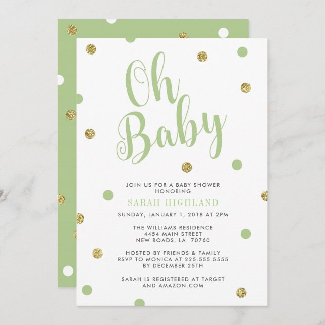Green & Gold Glitter Oh Baby Shower Invitation (Front/Back)