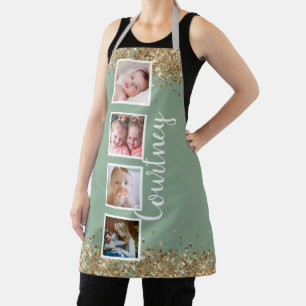 Green gold glitter photo collage custom name apron