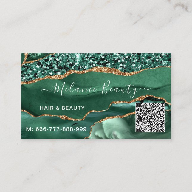 Green Gold Glitter QR Code Business Card Template (Front)