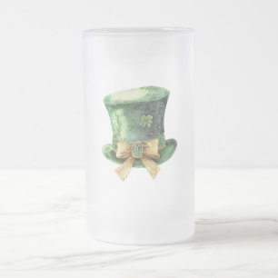 Green Gold Glitter Shamrock St. Patrick's Day Hat Frosted Glass Beer Mug