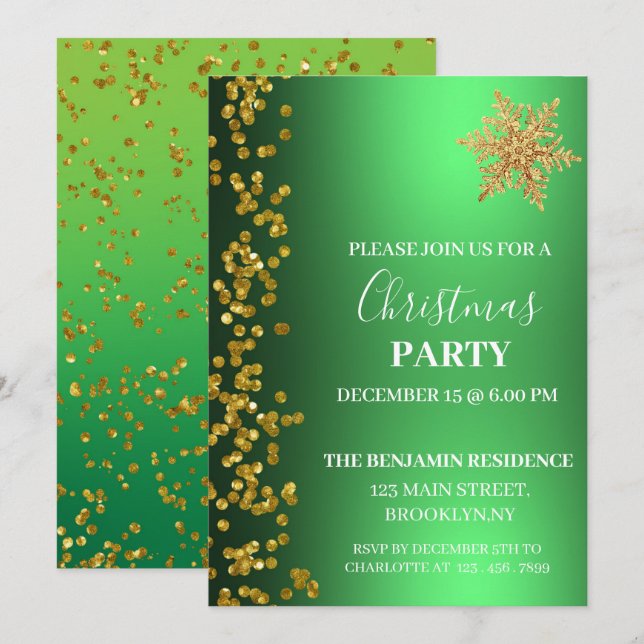  Green Gold Glitter Snowflake Christmas Party  Invitation (Front/Back)