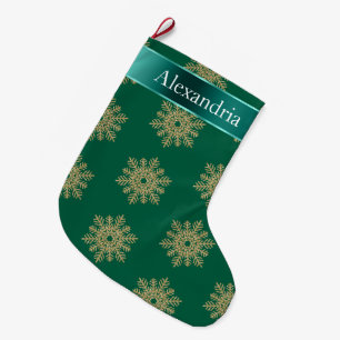 Green Gold Glitter Snowflakes Christmas Name Large Christmas Stocking